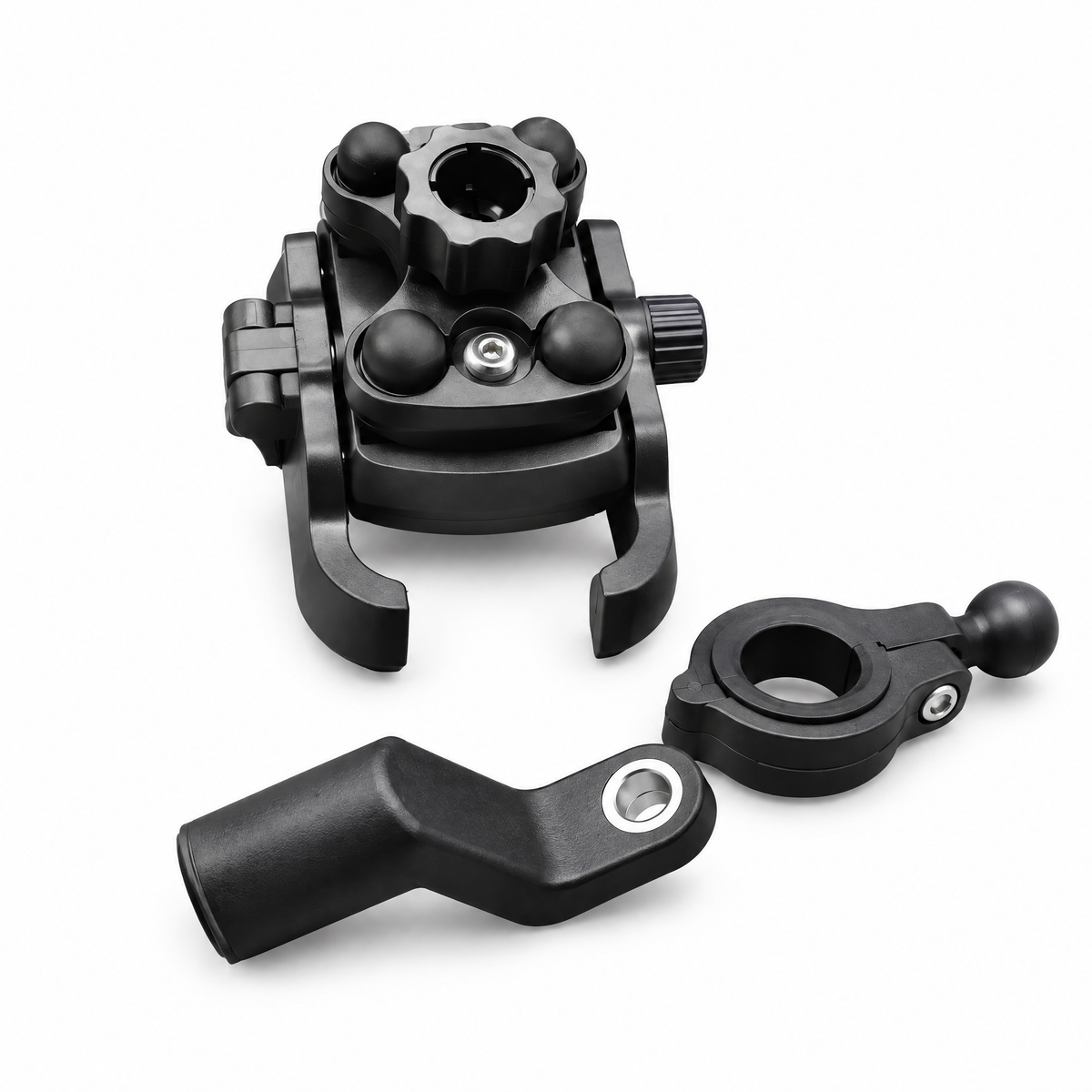 Everything in the box: phone holder, handlebar clamp and mirror-mount adapter