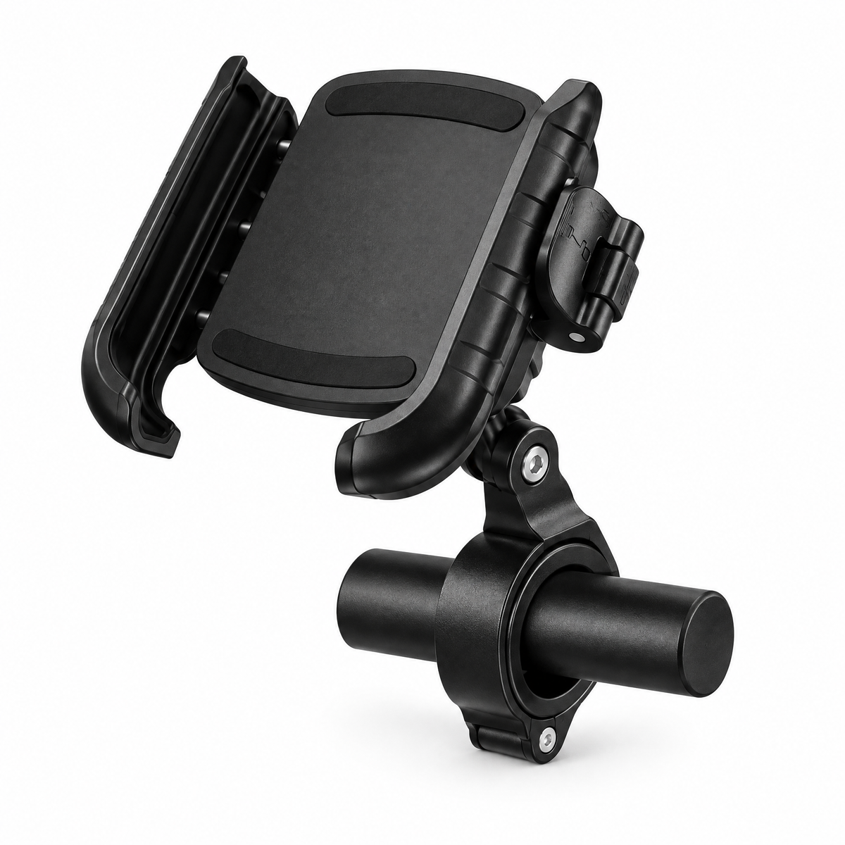 VM Aluminum Phone Holder on a handlebar, front three-quarter view with the arms open