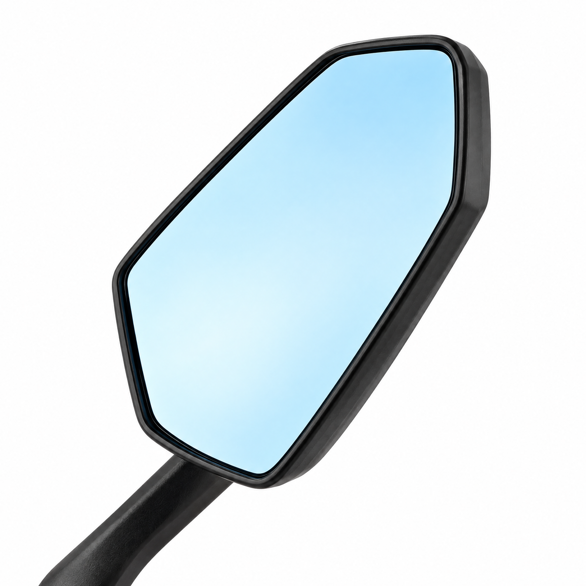 Close-up of the large blue-tinted mirror glass