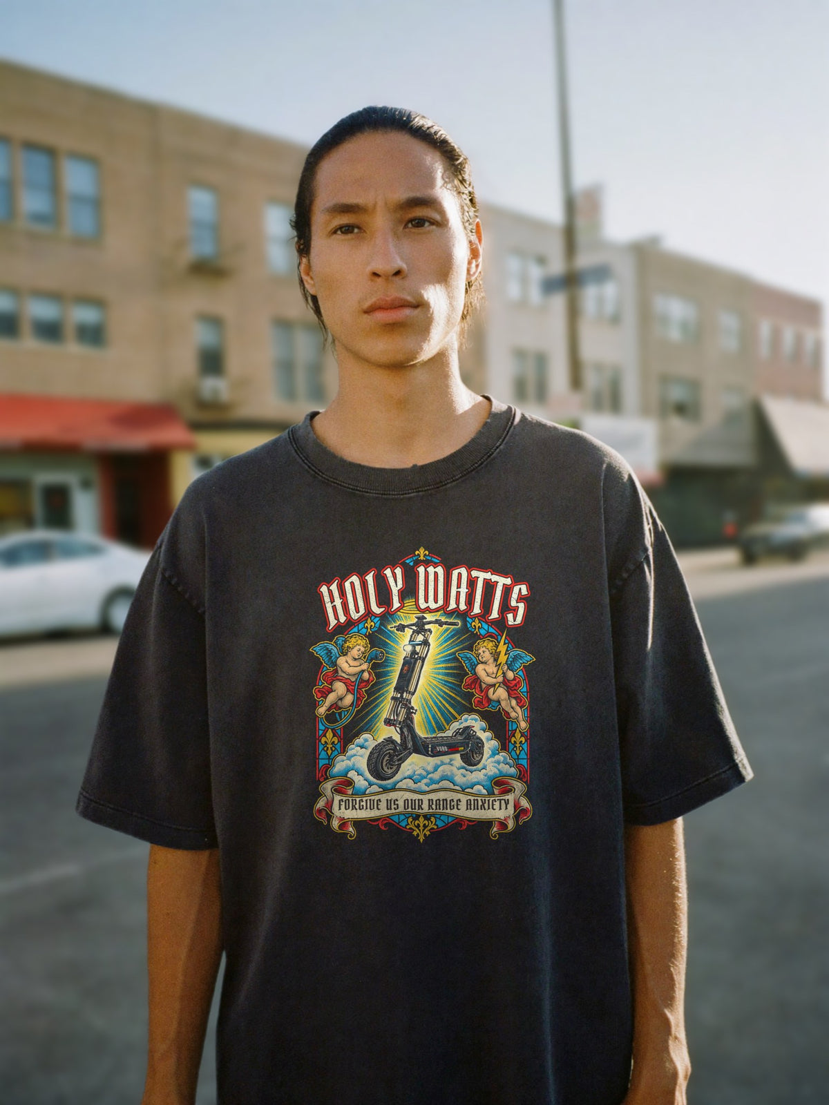 Holy Watts Washed Tee, front print close up