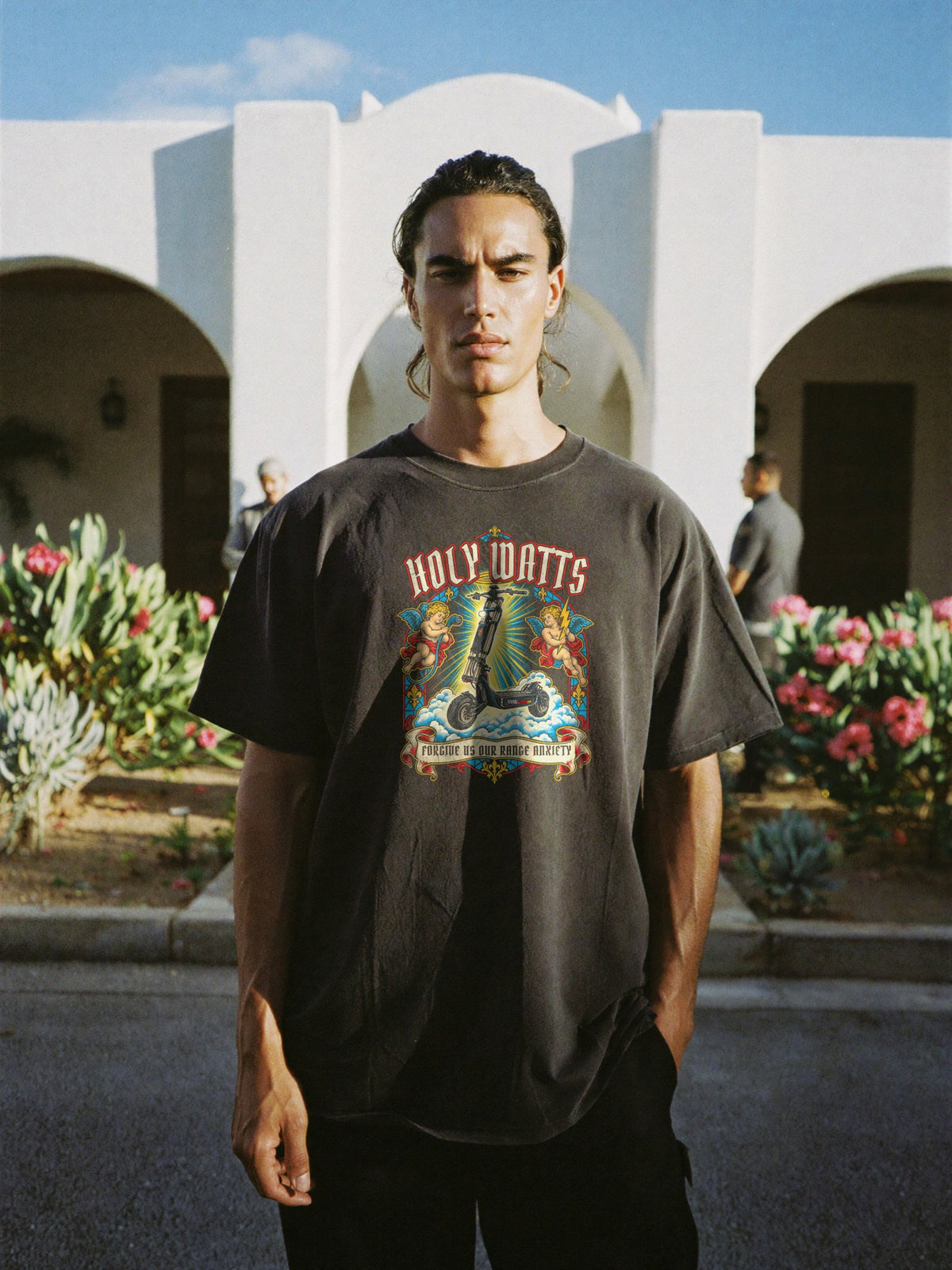 Holy Watts Washed Tee, front print, worn full length