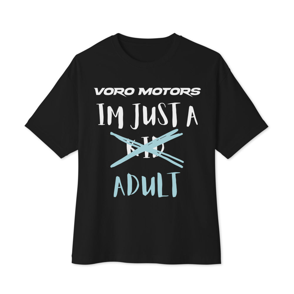 I'm Just a Kid Adult oversized tee in black, front print