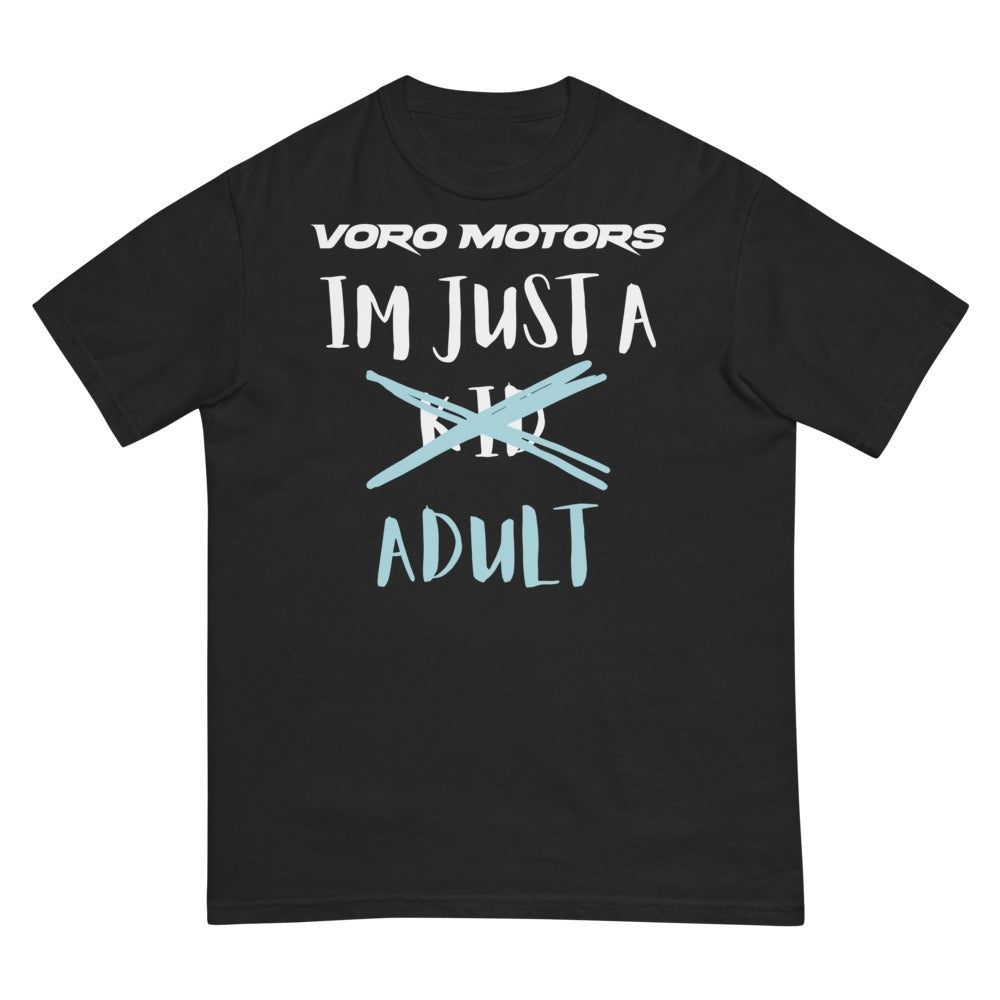 I'm Just a Kid Adult tee in black, front print