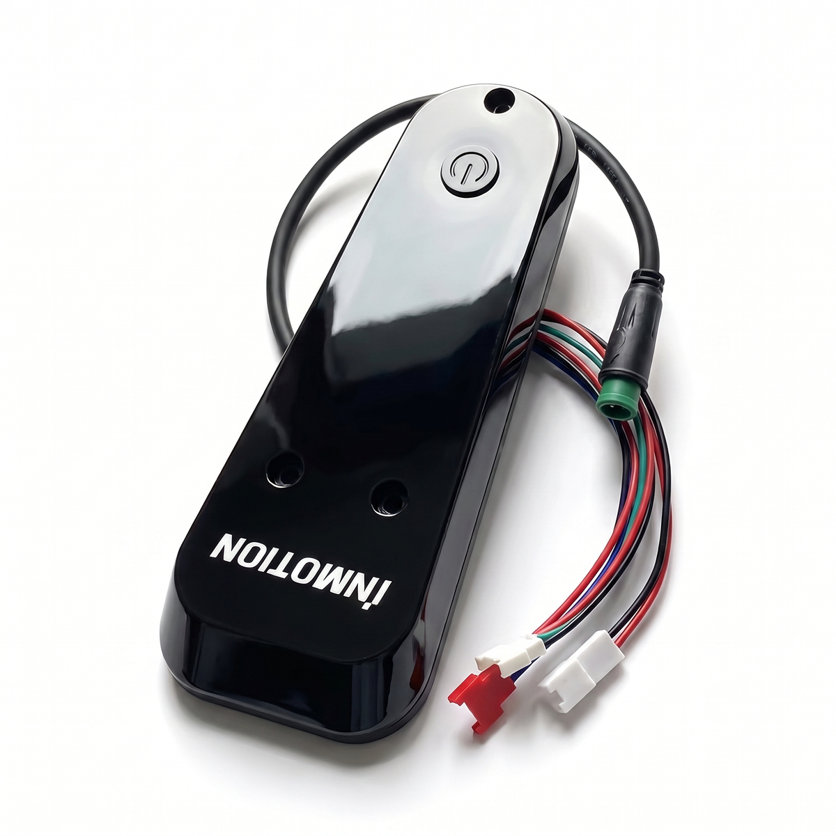 Inmotion Climber display assembly, three quarter view showing the power button, INMOTION wordmark and wiring loom
