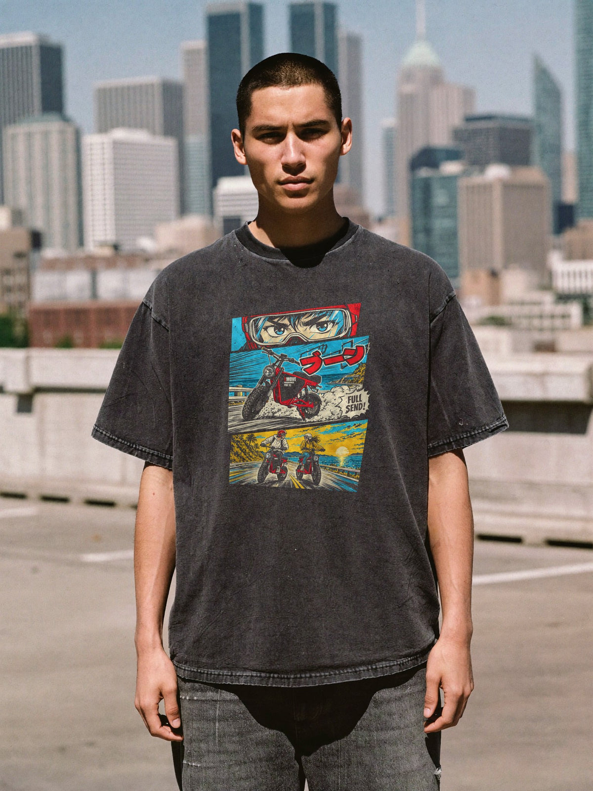 Full Send Washed Tee, front print, worn full length