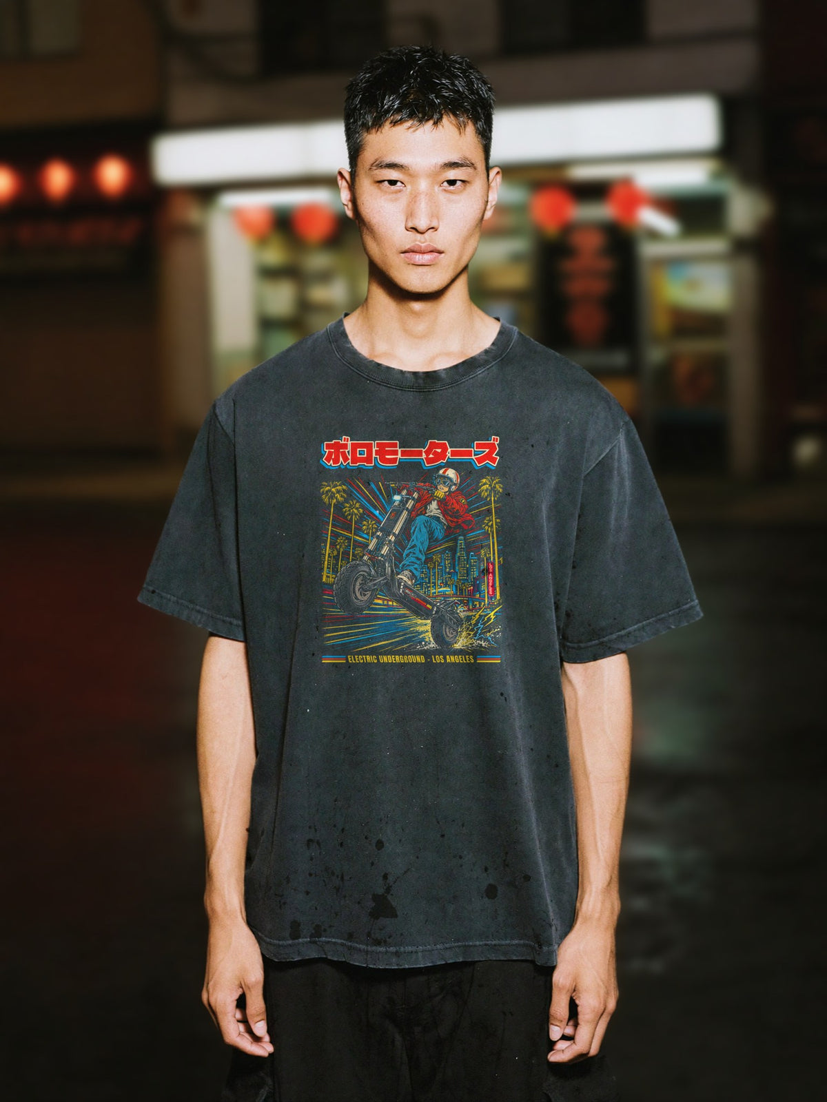 Electric Underground Washed Tee, front print, worn full length