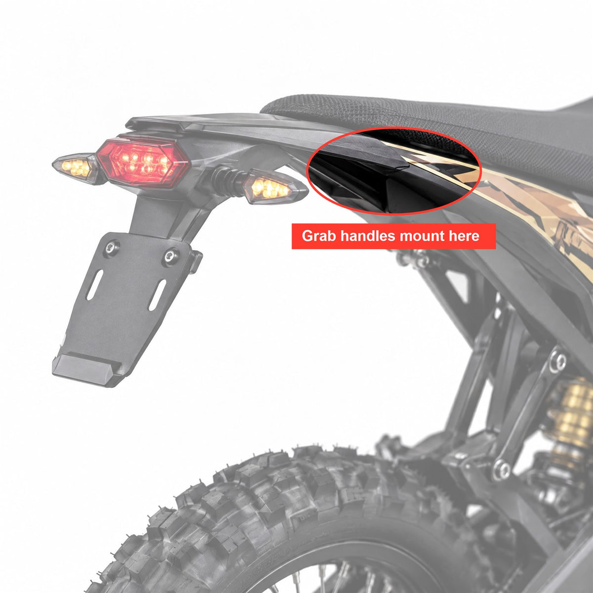 Where the rear passenger grab handles mount on the Surron Ultra Bee, circled on the bike