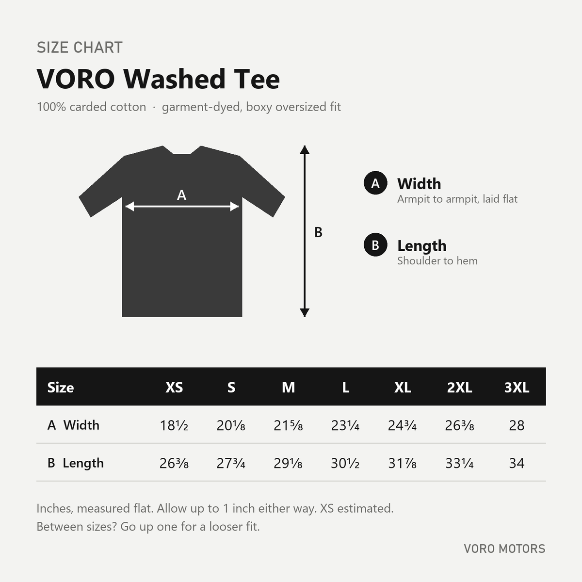 VORO Washed Tee size chart, XS to 3XL