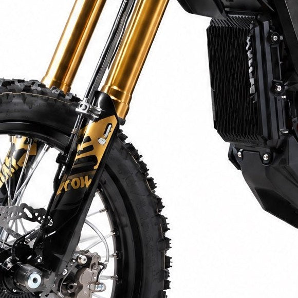 Fork covers fitted on both front forks of the Surron Ultra Bee