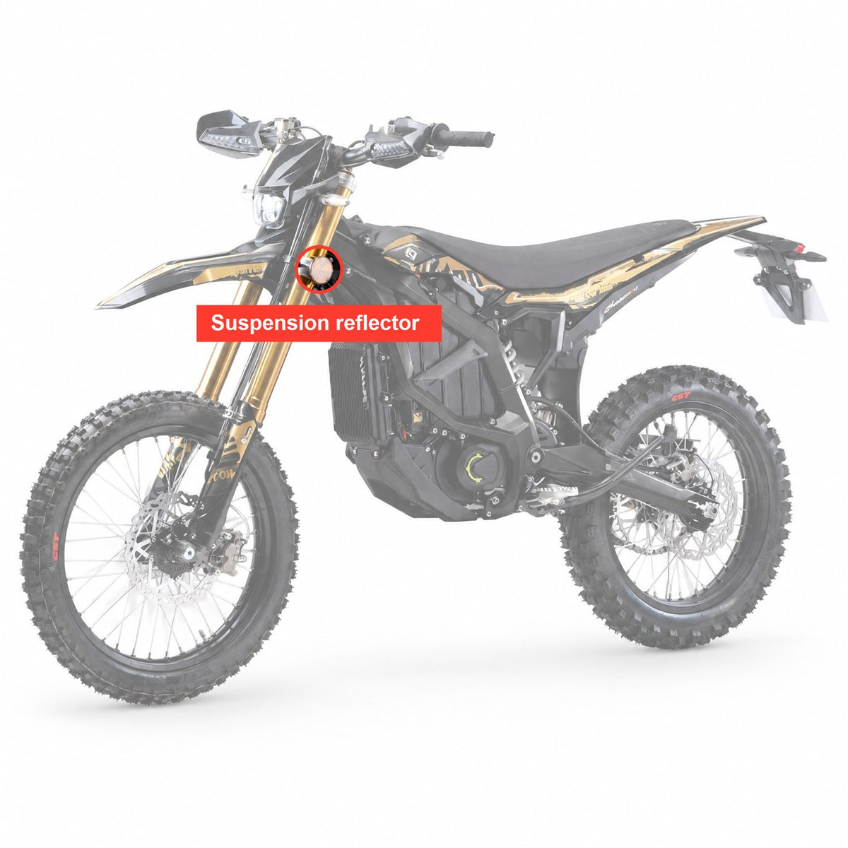 Where the suspension reflector sits on the Surron Ultra Bee, circled on the complete bike