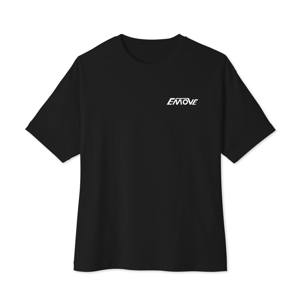EMOVE Logo Tee in black, flat front view with the EMOVE logo on the left chest