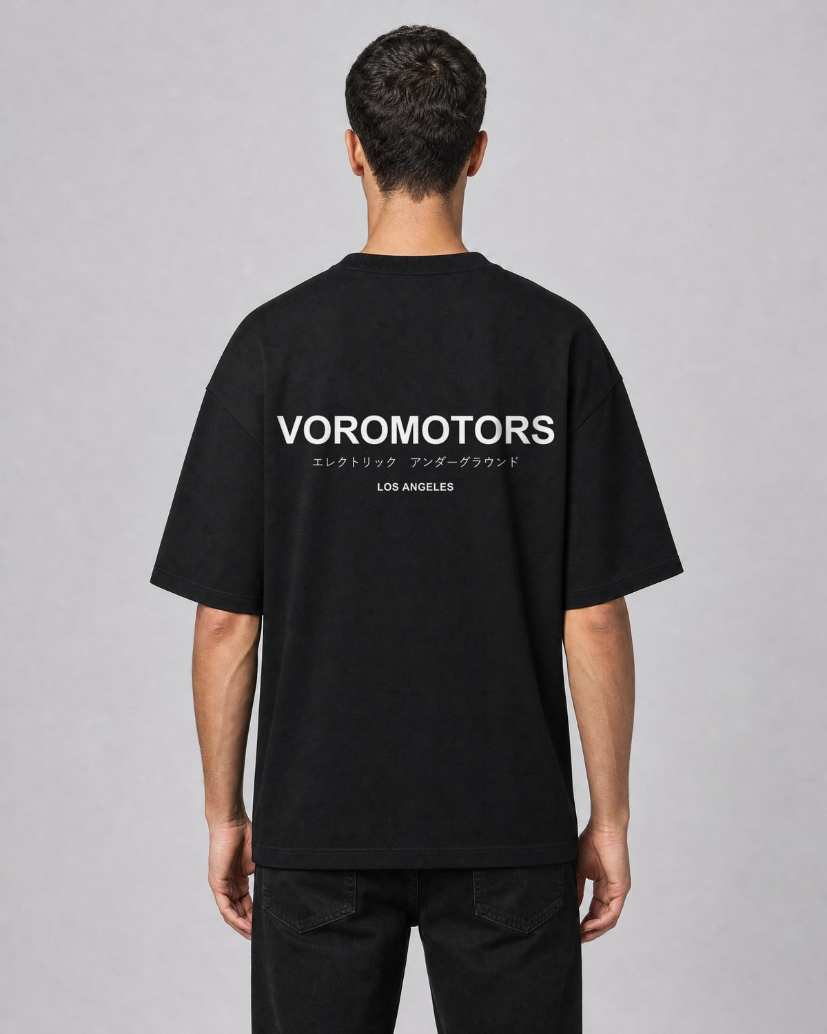 VM Cotton Oversized Underground Tee in black, back, VOROMOTORS Electric Underground Los Angeles print in white