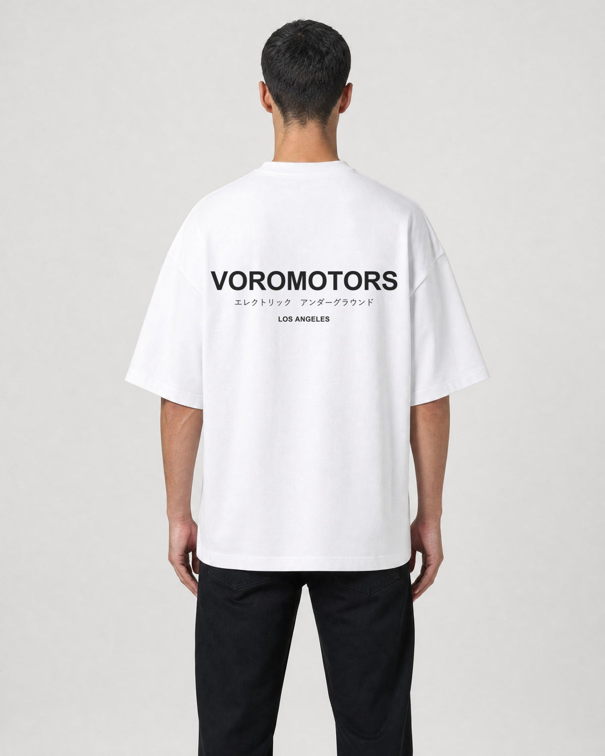VM Cotton Oversized Underground Tee in white, back, VOROMOTORS Electric Underground Los Angeles print in black