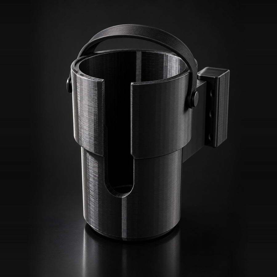 Black 3D-printed scooter cup holder with rubber strap and front handle slot