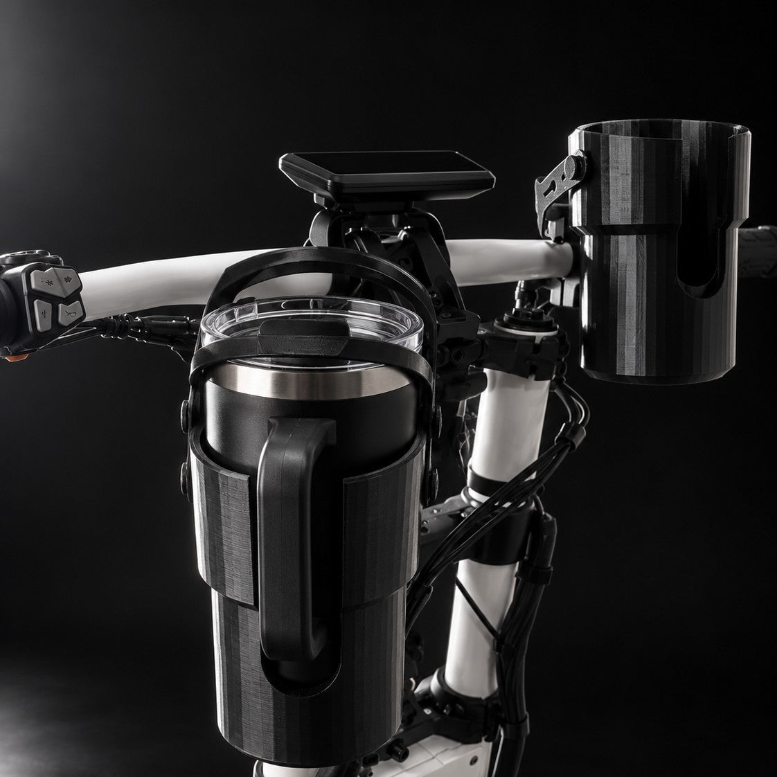 Cup holders mounted on a scooter handlebar and stem