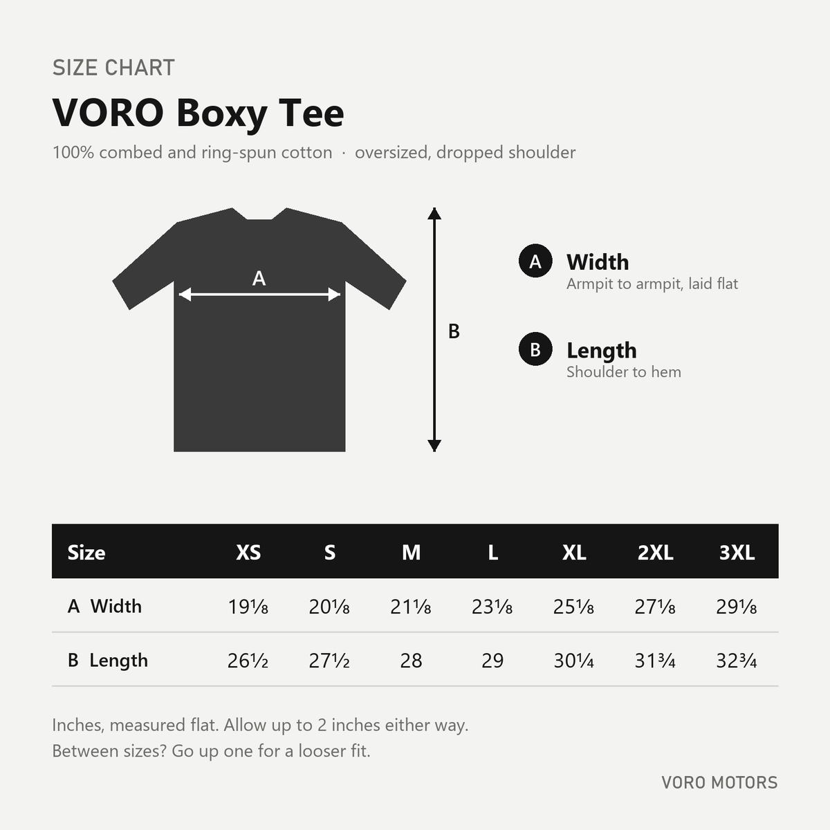 VORO boxy oversized tee size chart, chest width and length in inches, XS to 3XL
