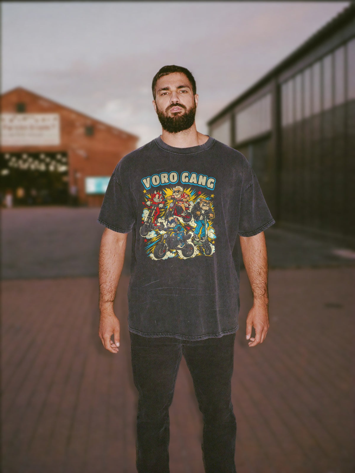 VORO Gang Washed Tee, front print, worn full length