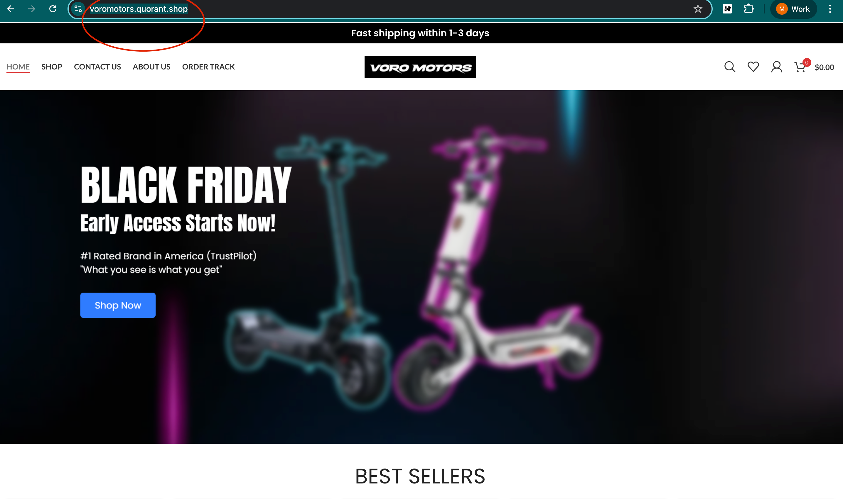 Screenshot of the fake site voromotors.quorant.shop using VORO MOTORS branding, with the browser address bar circled in red