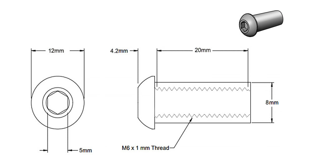 (Paquet de 5) Boîtier à tête ronde argenté M6x20mm