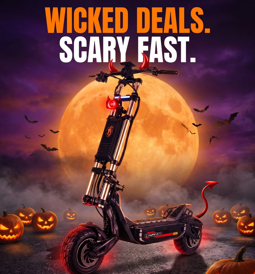 Wicked deals. Scary fast. The Hooga Daytona scooter dressed as a little devil, with red horns, a tail and a glowing red headlight, under a full moon with jack-o-lanterns.
