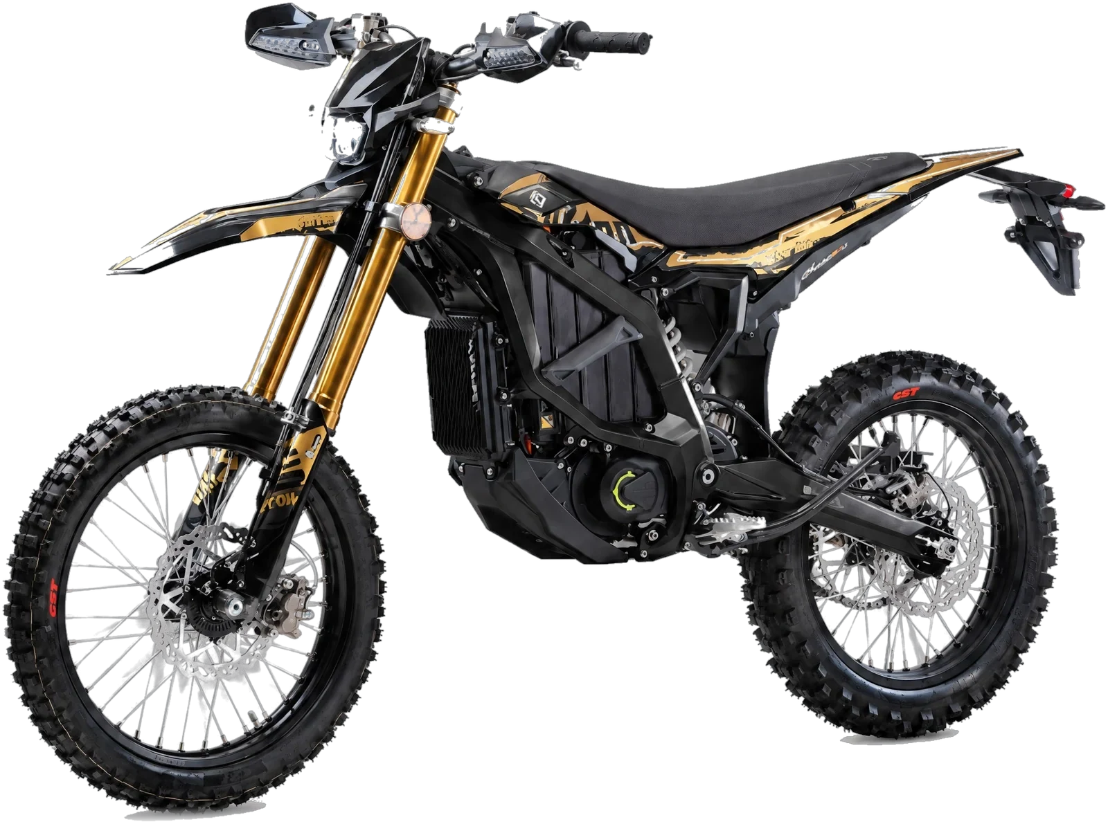 Surron Ultra Bee, front three quarter view, showing the inverted front fork and the rear shock